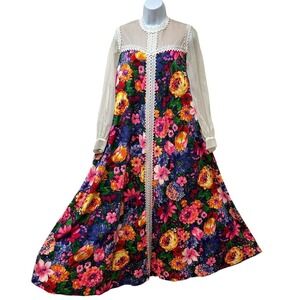 Vtg Retro Lauhala Psychedelic Mod Big Bright Floral Hawaiian Maxi Modest Dress